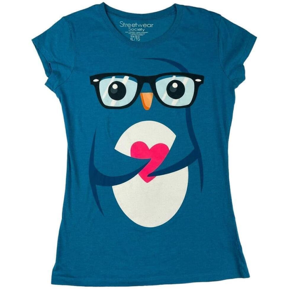 Street Wear Society Tee Shirt Girls XL Blue Owl With Glasses And Bow Crew Neck